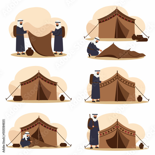 Arab Men Assembling Bedouin Tent Step By Step