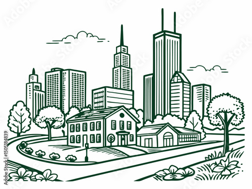 Green city skyline with houses and trees vector illustration for urban planning and architecture design use