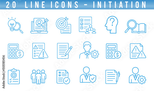 Set of 20 line icons showcases initiation concepts, emphasizing planning, analysis, and teamwork. Each icon represents essential elements to kickstart successful projects effectively
