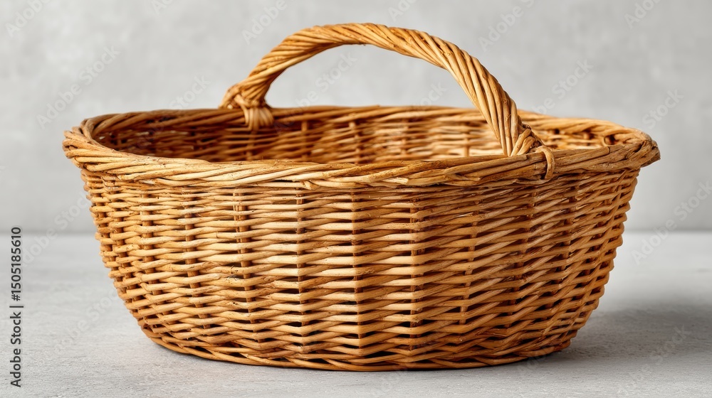 Obraz premium Round wicker basket with handles, empty and clean, placed on plain white surface