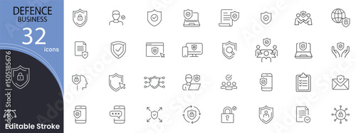 Defense business related icons set. Including cybersecurity, shield, firewall, lock, encryption, antivirus, data protection, and prevention. Editable stroke. outline icons.
