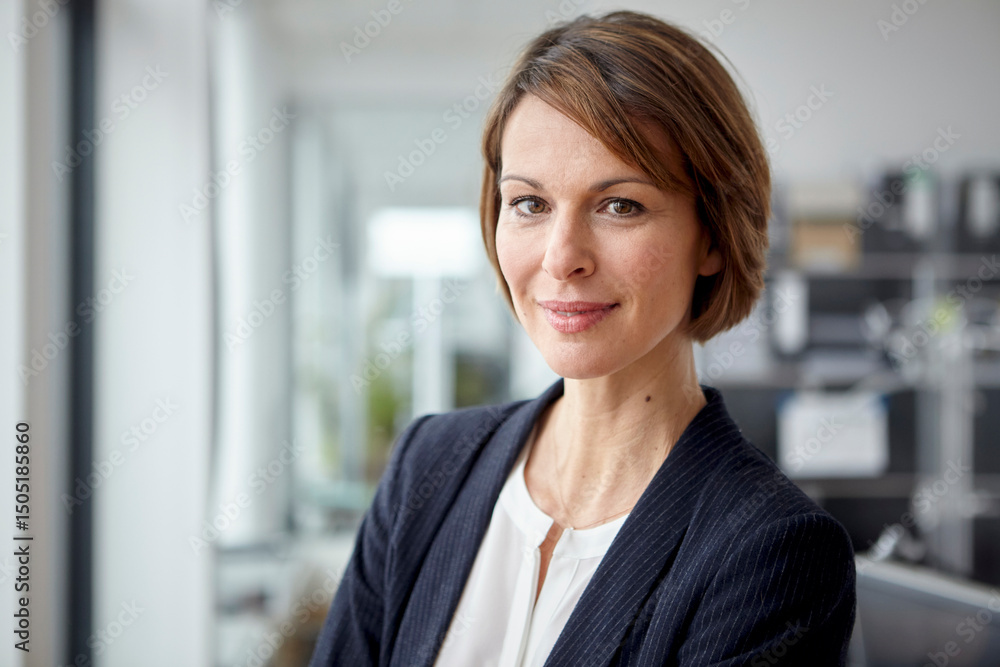 Confident businesswoman in an office setting looking at the camera Confident businesswoman in an office setting looking at the camera