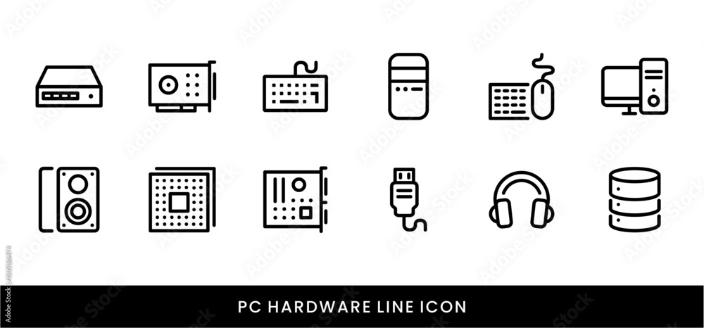 Computer Hardware Line Icon Set Device, Technology, PC Components, Server, and Electronics icon Computer Hardware Line Icon Set Device, Technology, PC Components, Server, and Electronics icon