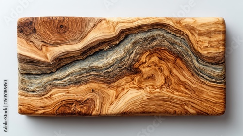 Kitchen cutting board made of olive wood with natural grain, top view on white background