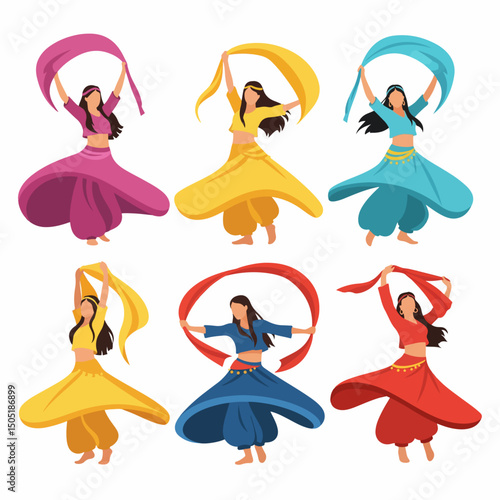 Female belly dancers with colorful veils