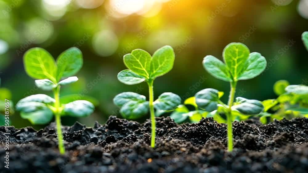Rows of vibrant green seedlings emerge from rich, dark soil, bathed in the warm glow of sunlight against a blurred green backdrop Rows of vibrant green seedlings emerge from rich, dark soil, bathed in the warm glow of sunlight against a blurred green backdrop