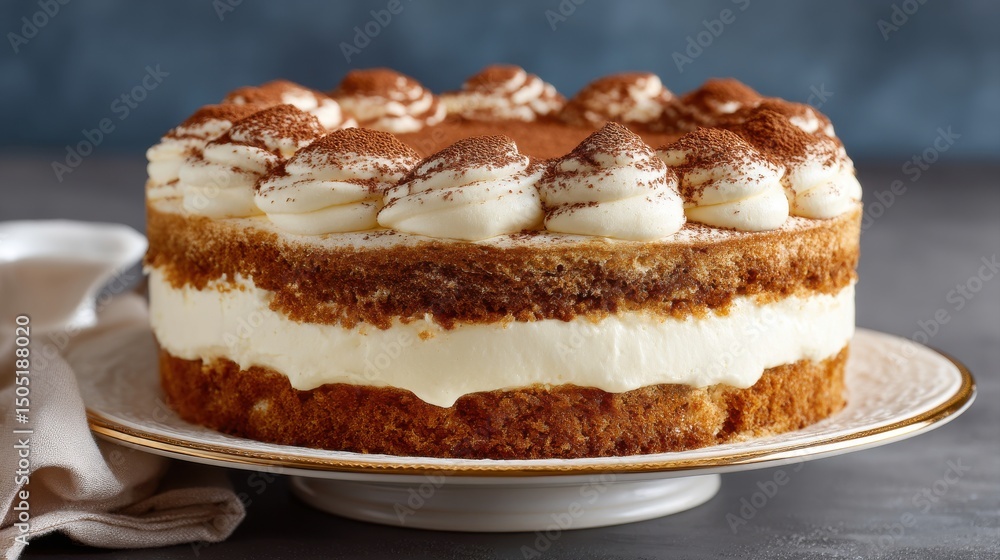 Delicious layered cake with cream and cocoa topping on a decorative plate. Delicious layered cake with cream and cocoa topping on a decorative plate.