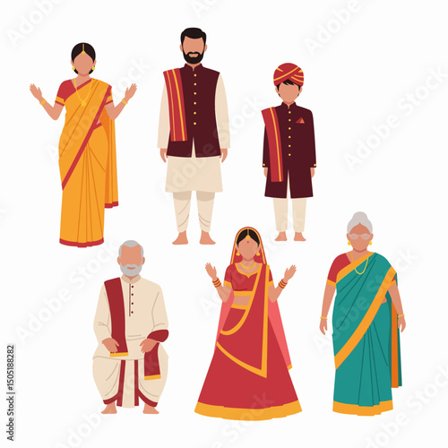 Indian family wearing traditional dress on white