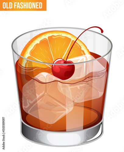Traditional Old Fashioned Cocktail with Orange Slice, Cherry and Ice Cubes. Refreshing Beverage Detailed Illustration