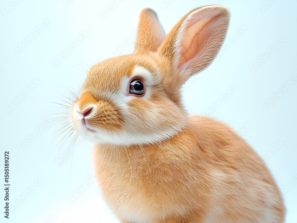 Fototapeta premium Fluffy white bunny isolated on a white background, a cute domestic pet perfect for Easter