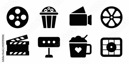 Cinema icons film reel clapperboard popcorn and more