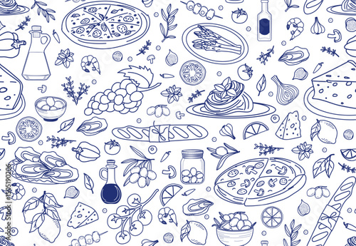A seamless pattern showcasing hand-drawn illustrations of classic Italian cuisine, including pizza, pasta, and various ingredients like cheese, olives, and herbs. Perfect for food-related designs and 