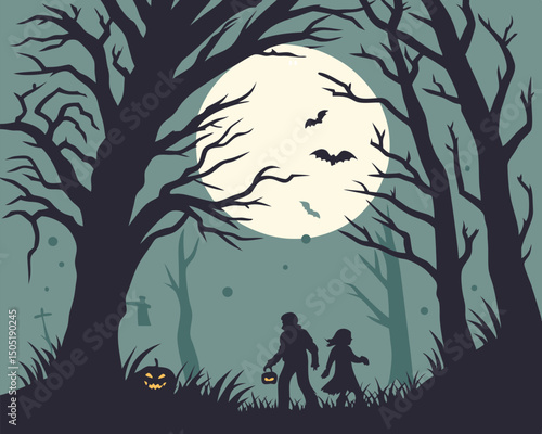 Halloween night scene vector illustration with kids trick or treating under the moonlight trees