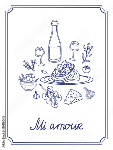 A detailed line drawing depicting an elegant Italian dinner setting featuring a plate of pasta garnished with basil, accompanied by wine, cheese, tomatoes, garlic, olives, and herbs. The illustration 