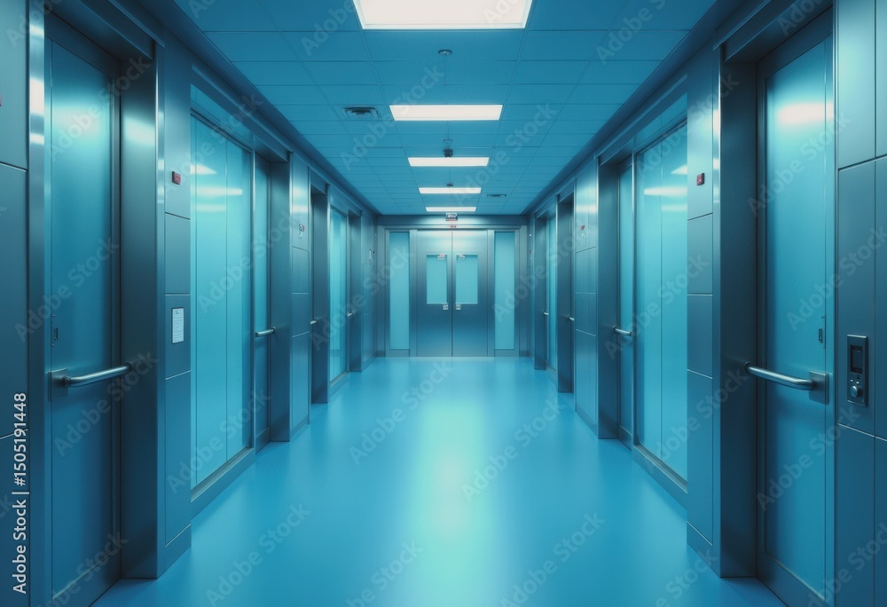 Blurred surgical corridor in a modern clinic with a cool blue gradient Blurred surgical corridor in a modern clinic with a cool blue gradient