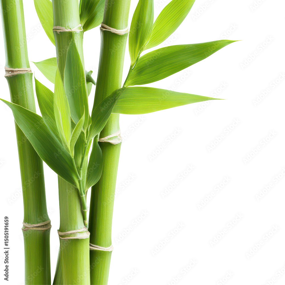 Naklejka premium Serene Bamboo Stems: A close-up shot captures the elegance of several vibrant green bamboo stems with fresh leaves, creating a sense of calm and serenity.