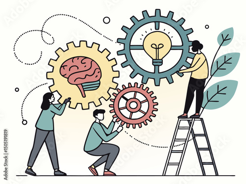 Teamwork collaboration with gears and lightbulb for creative problem solving and brainstorming concept