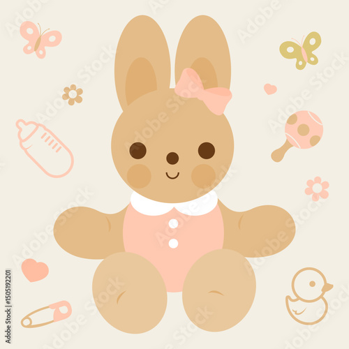 Baby bunny toy for kid bed with butterflies and flowers. Cute crib decoration for sleeping newborn baby girl in beige neutral pastel colors. Milk bottle, toy rattle and accessories. 