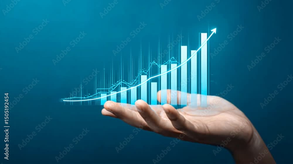 Hand holding bright bar graph with arrow rising up on blue background, idea of Growth Trend and Rising to Success in stock chart and graph market Hand holding bright bar graph with arrow rising up on blue background, idea of Growth Trend and Rising to Success in stock chart and graph market