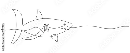 Shark one line art. Banner with copy space. Editable stroke hand drawn design. Continuous Outline drawing with ocean animal fish for poster card