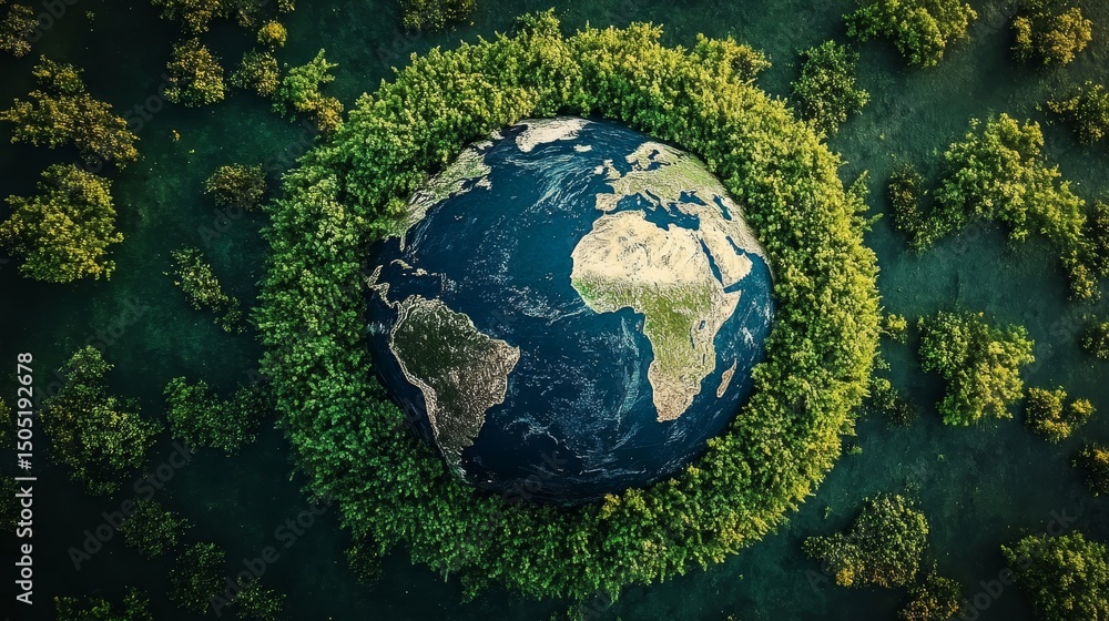 Fototapeta premium World globe with grass green around it, flat lay