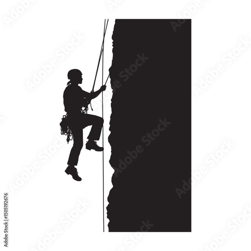 A person abseiling down a rock is a black-and-white silhouette vector designed for T-shirts, mugs, posters, and digital prints. Fully scalable and market-ready