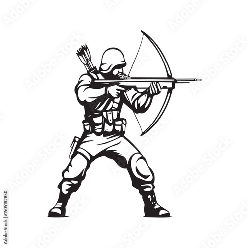 Cartoon vector illustration of a soldier shooting an arrow with focus and spirit isolated on white background.
