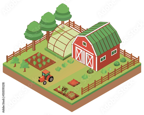 Isometric farm landscape illustration with barn greenhouse tractor and cultivated fields vector graphic design