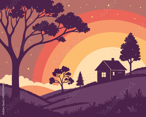 Beautiful landscape illustration of house in nature with trees and rainbow vector graphic design art