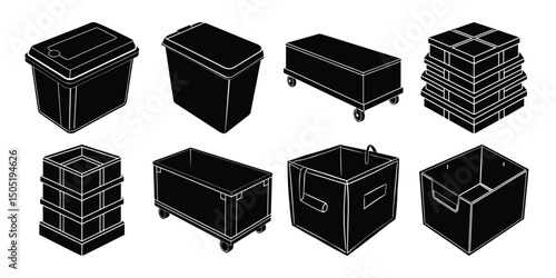 Set of industrial storage containers and transport bins in black silhouette style for logistics and warehouse design.