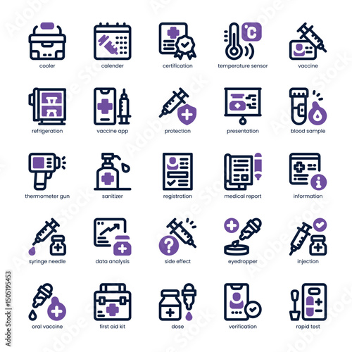 Vaccine Tracker Icon pack for your website, mobile, presentation, and logo design. Vaccine Tracker Icon dual tone design. Vector graphics illustration and editable stroke.