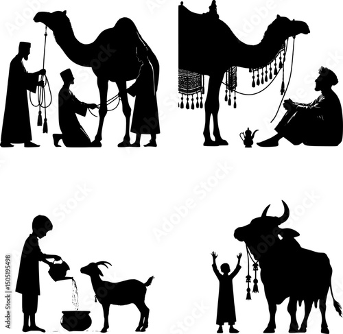 “Eid al-Adha 2025 –  Islamic Silhouette Vector Collection (Goat, Cow, Camel, Family)”