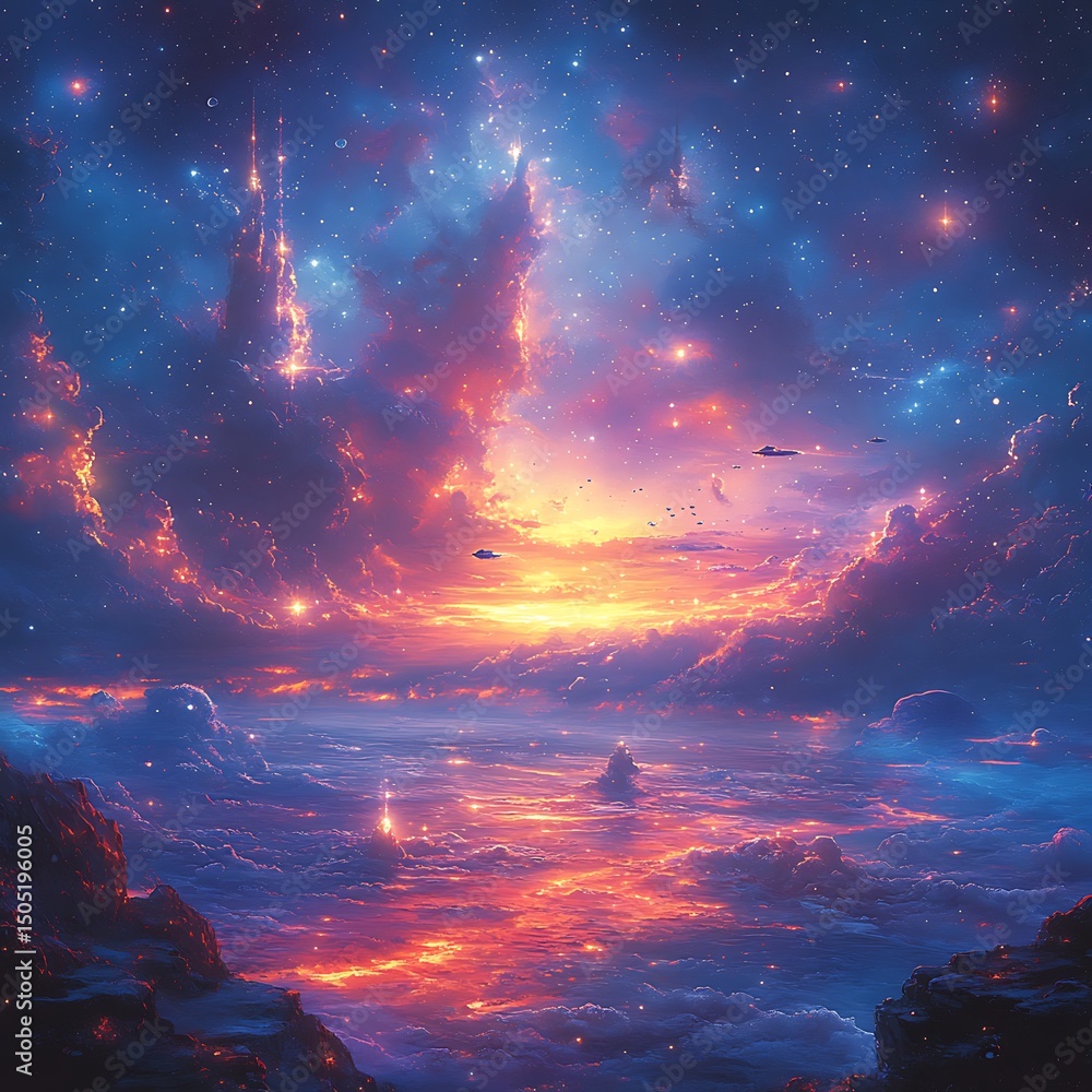 Dramatic celestial landscape with colorful clouds and stars in a high resolution image of the universe. Dramatic celestial landscape with colorful clouds and stars in a high resolution image of the universe.