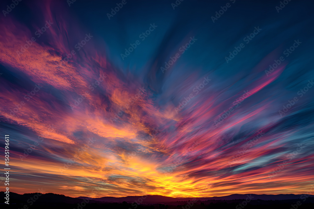 Fototapeta premium A vibrant sunset sky with pink and orange clouds over a dark horizon line at twilight time view