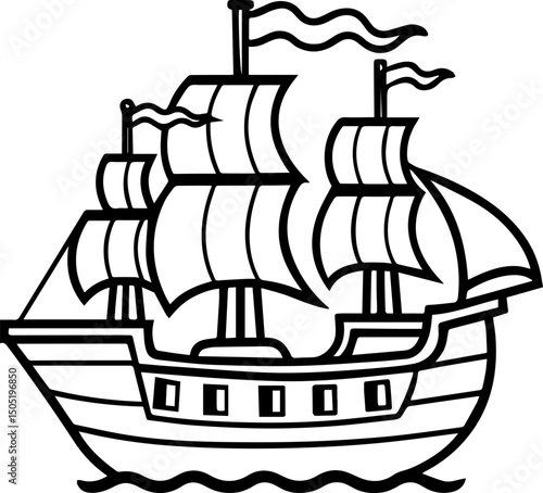 vintage pirate ship outline vector illustration line art coloring book page