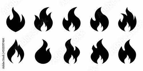 Flat line fire flame icons various shapes