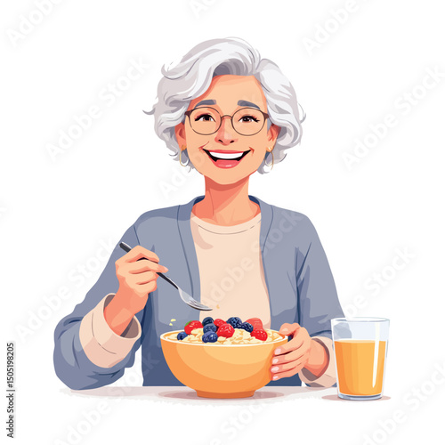 Vsai happy senior woman enjoying healthy breakfast with oatmeal and berries