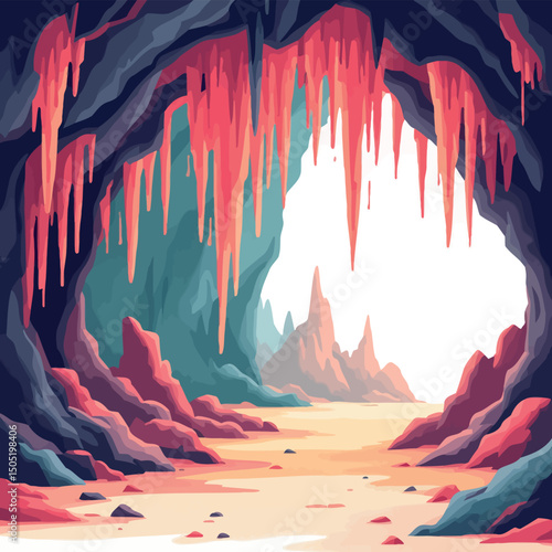 Vsai colorful cave entrance with stalactites leading to mountain valley