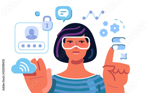 Woman wearing augmented reality glasses. Cybersecurity system, data protection. AI technology to simplify work