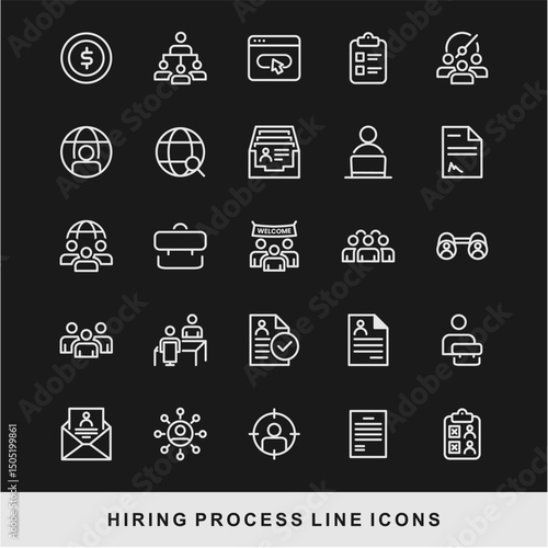 Hiring Process Line Icons. Recruitment, Job Application, Interview, Candidate Selection Vector Set