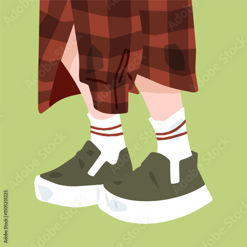 Girl Sneakers Skirt Street Style featuring cartoon legs in a red plaid skirt and striped socks with olive platform sneakers, drawn in flat style on a green background.