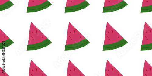 Watermelon Slice Seamless PattWatermelon Slice Seamless Pattern Design featuring flat cartoon-style pink and green watermelon wedges repeated on a clean white background.ern Design