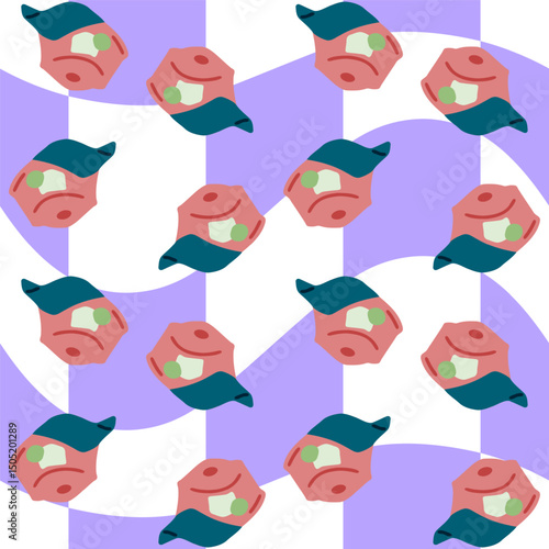 Cartoon Cap Seamless Pattern Design featuring simplified pink baseball caps with dark teal visors in flat style, repeated on a wavy lavender and white checkered background.