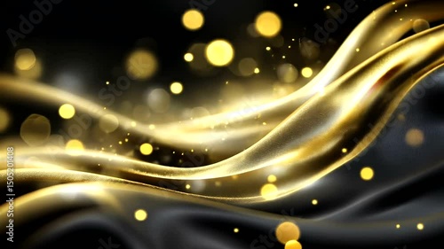 Abstract image of flowing golden ribbons with blurred light effects over black rippled fabric, creating a luxurious and elegant feel