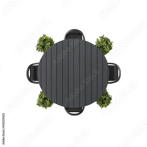 Overhead View of a Round Outdoor Dining Table with Four Chairs and Potted Plants