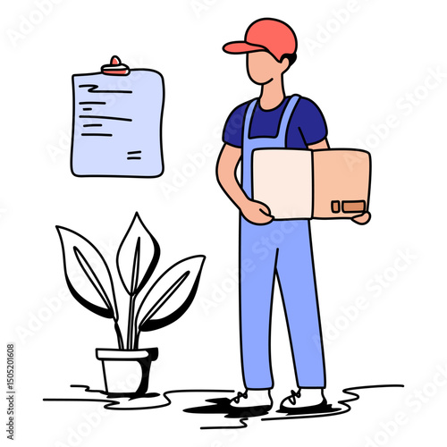 Flat illustration of a male mover with a clipboard and box, ready for delivery. Great for UI kits, shipping apps, inventory management, or courier service graphics. Conveys professional, efficient ser