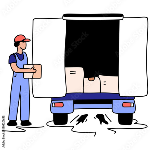 Flat illustration of a mover loading boxes into a moving truck. Excellent for UI kits, transportation services, logistics, or delivery apps. Illustrates efficient, quick moving operations