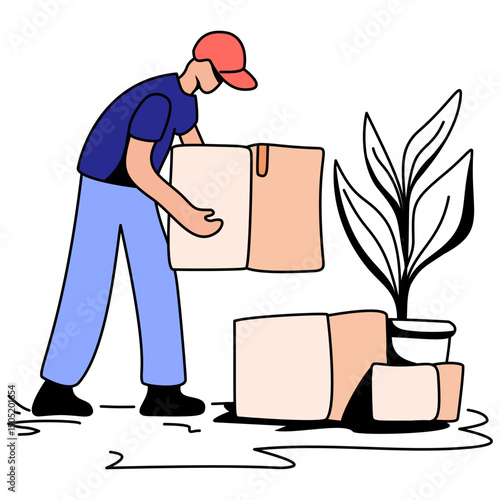 Flat illustration of a male mover handling boxes and a plant. Ideal for UI kits, moving company websites, packing services, or logistics presentations. Shows careful, organized relocation