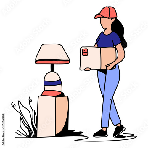 Flat illustration of a female mover carrying a box, lamp, and plant. Perfect for UI kits, moving services, delivery apps, or lifestyle blogs. Depicts professional, efficient relocation