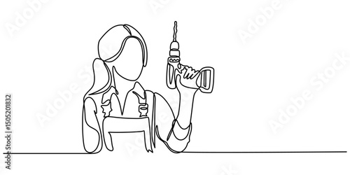 Female working with drill in joinery, Continuous one line drawing attractive carpenter woman holding power drill in workshop with ok gesture. Enthusiasm for woodworking projects concept. Single line.